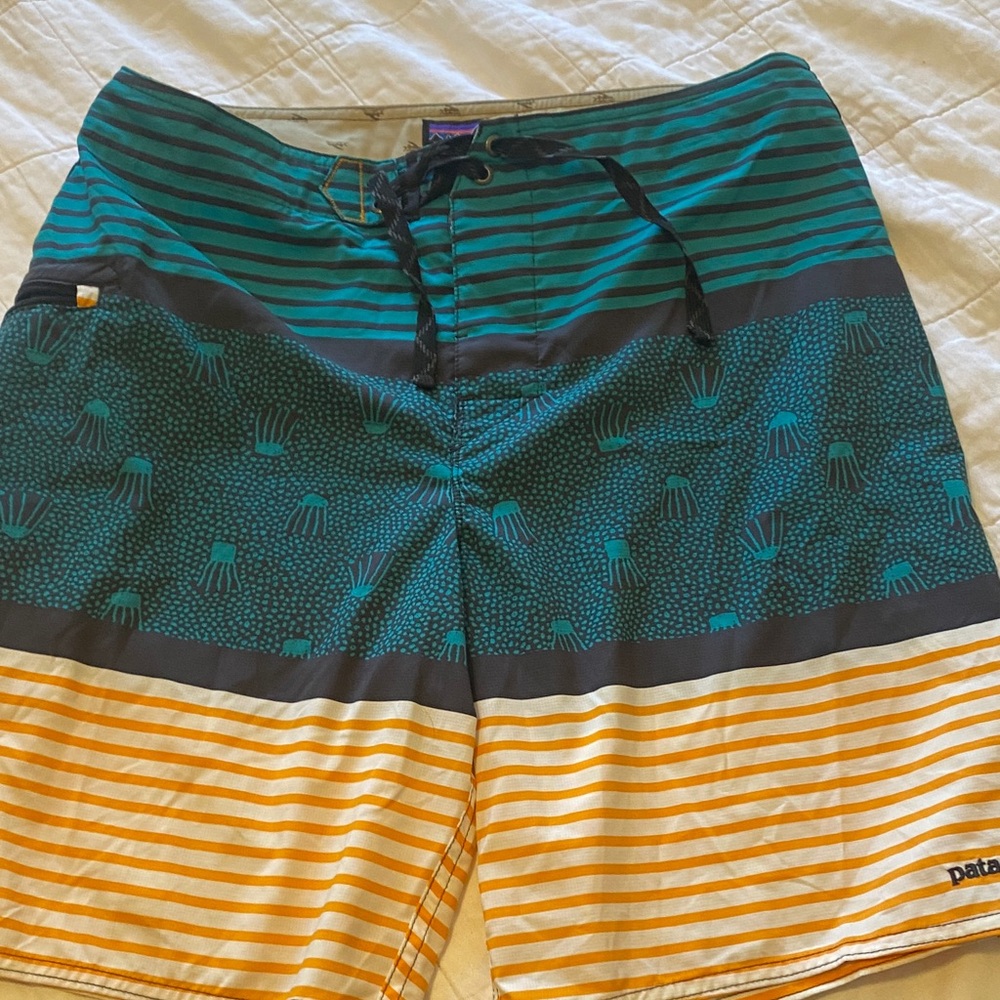 Patagonia Teal and Yellow Patterned Board Shorts